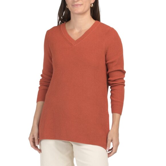 EDINBURGH KNITS Ginger Pima Cotton Ribbed V-neck Sweater - Picture 1 of 2